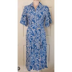 Zara Linen Cotton Midi Shirt Dress XXL Blue White collared Belt Front Button